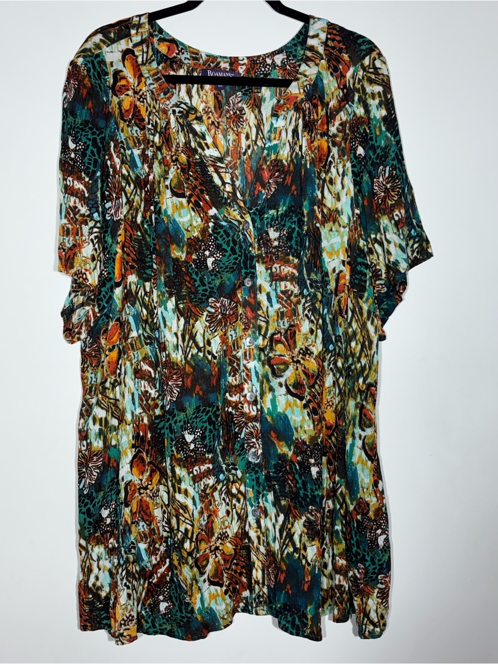 Roaman’s Women’s Size 24W Abstract Button Front Short Sleeve Casual Shirt Blouse